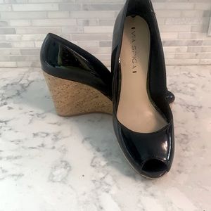 Via Spiga Peep-Toe Black Patent Leather Wedges